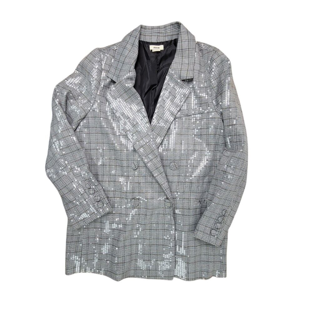 Jason Wu Sequin Plaid Double Breasted Silver Collared Womens Blazer Size Large